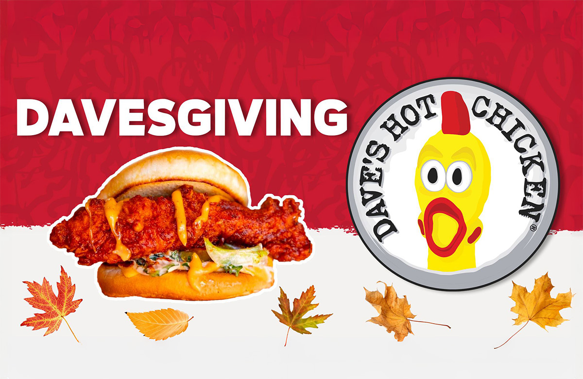 DavesGiving 2025 promotional banner featuring a Dave’s Hot Chicken sandwich with spicy chicken tender and sauce, the Dave’s Hot Chicken logo, and fall leaves on a red and white background.