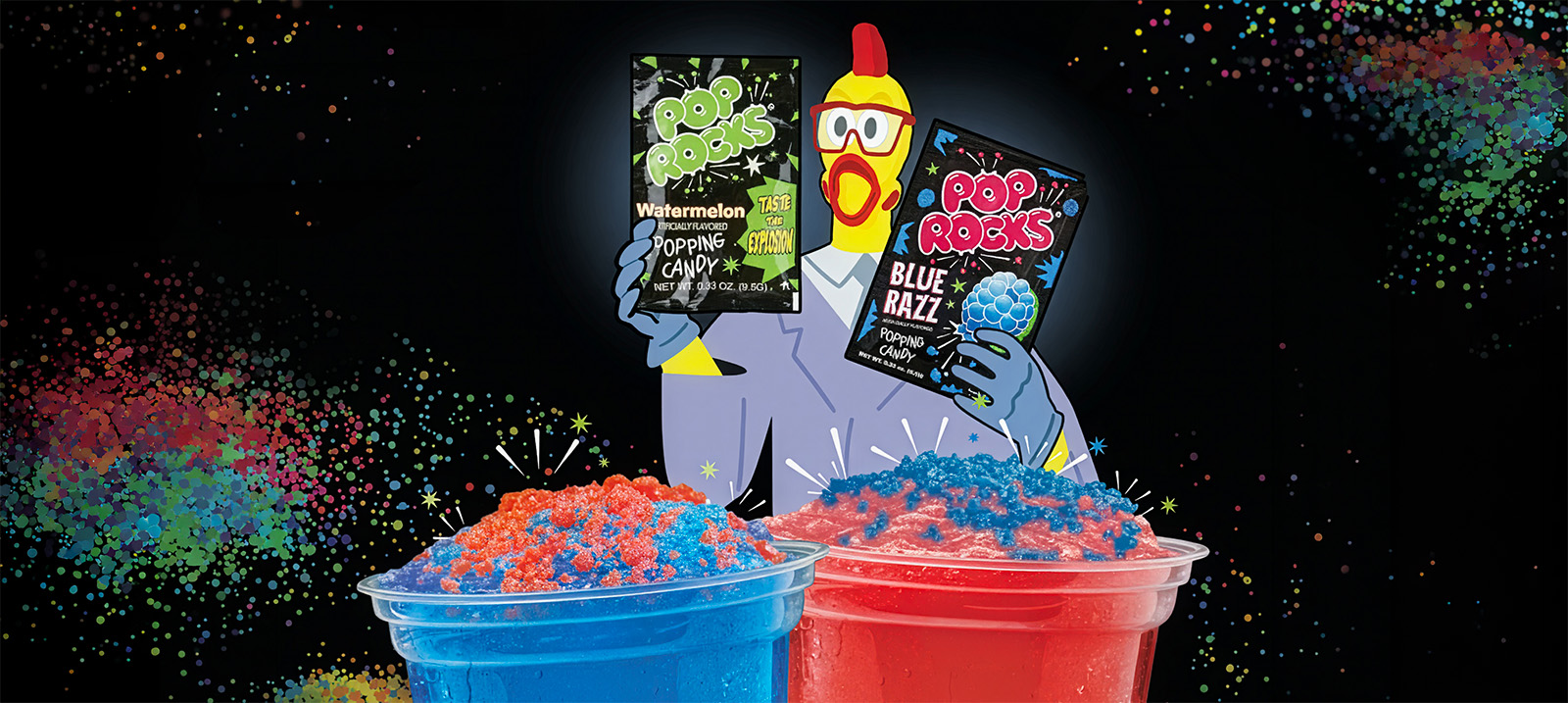 Two colorful frozen Dave’s Hot Chicken slushers topped with red and blue Pop Rocks candy sit against a black background filled with multicolored confetti-like bursts. Behind the drinks, a cartoon chicken mascot wearing 3D glasses holds packages of Watermelon and Blue Razz Pop Rocks candy. The image has a playful, high-energy neon aesthetic.