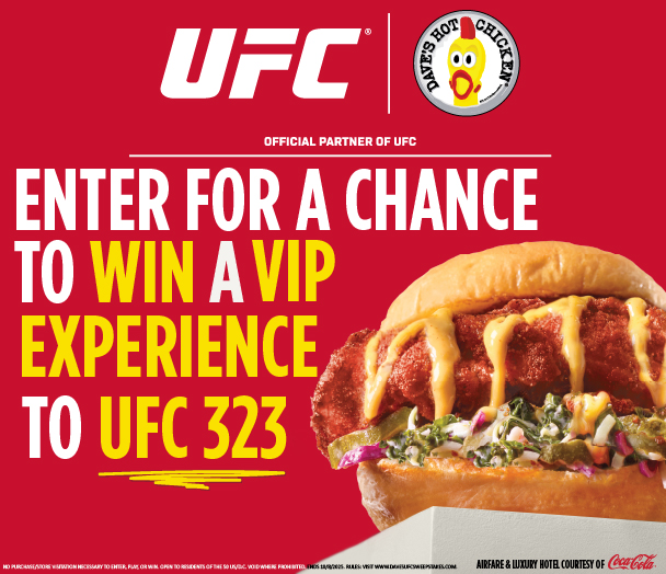 Promotional graphic for Dave’s Hot Chicken x UFC Sweepstakes showing bold text 'Enter for a chance to win a VIP experience to UFC 323' alongside a spicy Dave’s Hot Chicken slider with kale slaw and sauce. UFC and Dave’s Hot Chicken logos appear at the top, with Coke branding at the bottom. 