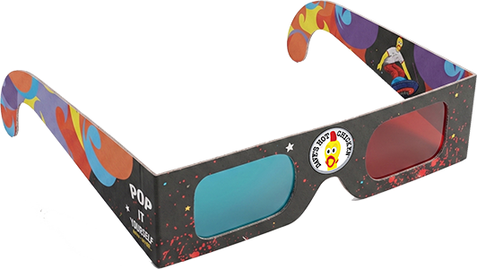 Pair of branded Dave’s Hot Chicken 3D glasses with blue and red lenses. The black cardboard glasses feature colorful abstract patterns on the arms, red paint splatter graphics, and a circular Dave’s Hot Chicken mascot logo on the front.