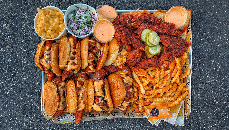 Dave's Hot Chicken's Nashville-style hot chicken tenders, sliders, fries, and sides.