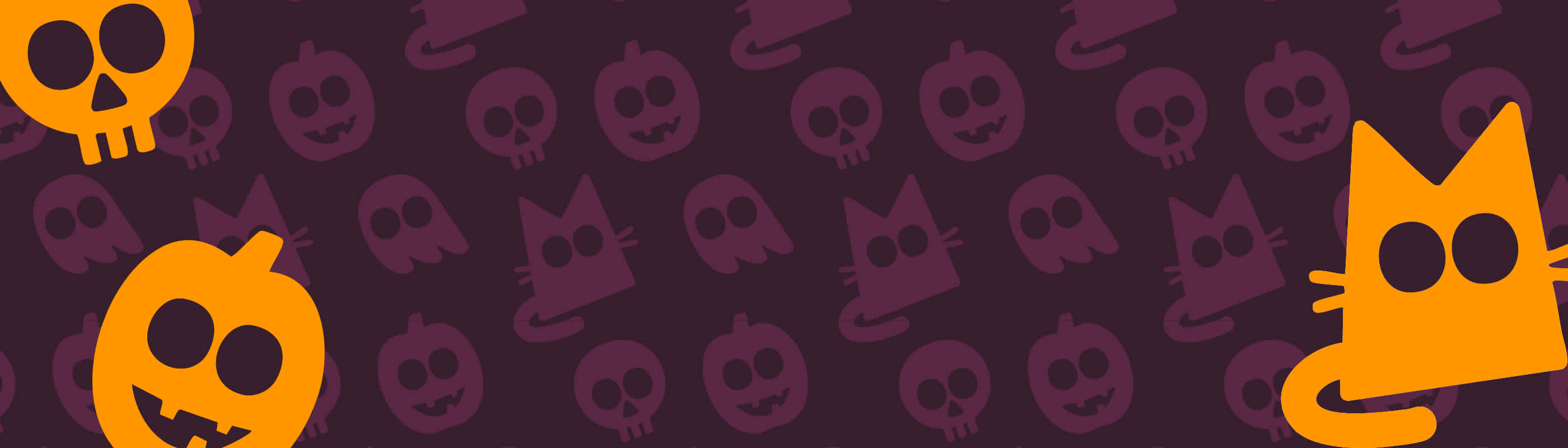 Halloween background with orange cartoon icons of a cat, skull, and jack-o’-lantern on a dark purple pattern featuring ghosts, pumpkins, and skulls, promoting QDOBA’s BOOGO Halloween event.