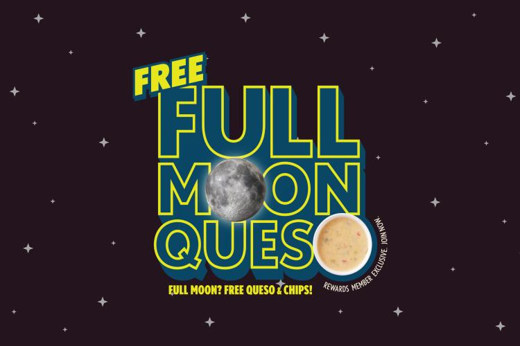 QDOBA Full Moon Queso promotion graphic advertising free chips and queso for Rewards members on full moon nights at participating QDOBA restaurants