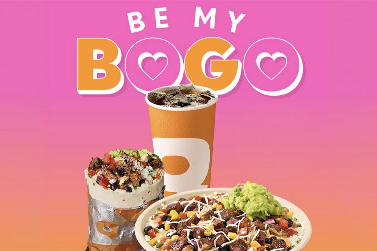Promotional image reading “Be My BOGO” above a QDOBA burrito, bowl with guacamole, and soft drink against a pink and orange background.