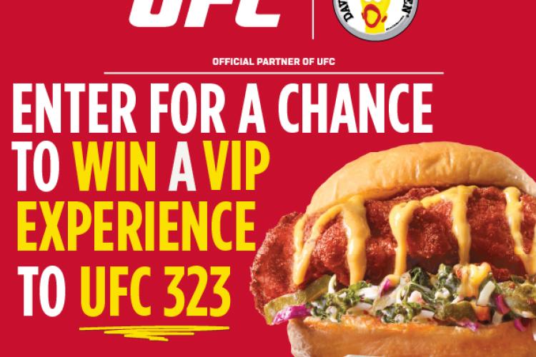 Promotional graphic for Dave’s Hot Chicken x UFC Sweepstakes showing bold text 'Enter for a chance to win a VIP experience to UFC 323' alongside a spicy Dave’s Hot Chicken slider with kale slaw and sauce. UFC and Dave’s Hot Chicken logos appear at the top, with Coke branding at the bottom. 