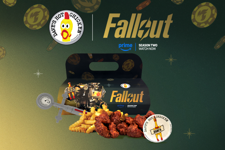 Dave’s Hot Chicken Fallout collaboration meal available in Wisconsin, featuring saucy chicken bites, fries, Fallout-themed packaging, and a collectible Stimpak toy sauce injector.