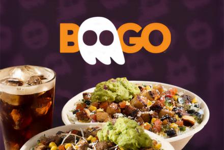 QDOBA BOOGO Halloween promotion featuring two burrito bowls topped with guacamole, corn salsa, and grilled proteins next to a cold drink, with the word BOOGO and a ghost icon in the background.