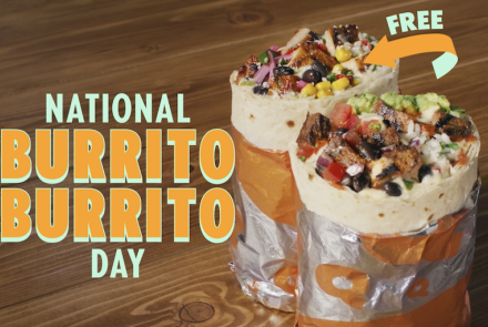 A photo of two burritos, one with an arrow that says "FREE", next to a graphic title that says "National Burrito Burrito Day" to promote a BOGO offer at QDOBA Mexican Eats.