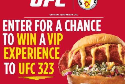 Promotional graphic for Dave’s Hot Chicken x UFC Sweepstakes showing bold text 'Enter for a chance to win a VIP experience to UFC 323' alongside a spicy Dave’s Hot Chicken slider with kale slaw and sauce. UFC and Dave’s Hot Chicken logos appear at the top, with Coke branding at the bottom. 