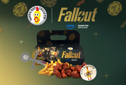 Dave’s Hot Chicken Fallout collaboration meal available in Wisconsin, featuring saucy chicken bites, fries, Fallout-themed packaging, and a collectible Stimpak toy sauce injector.